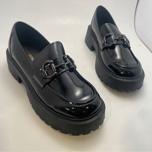 Fashion Nova Tippy Shiny Black Chunky Loafers Womens Size 10